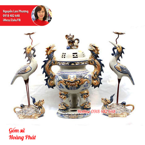 Đỉnh hạc sứ men rạn đắp nổi SP4683