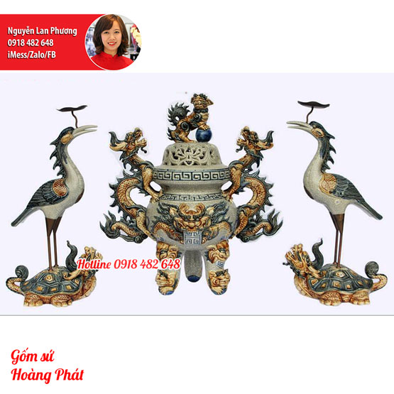Đỉnh hạc sứ men rạn đắp nổi 262