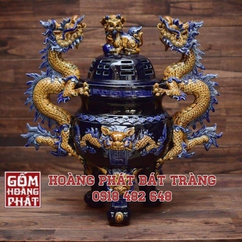 Đỉnh gốm xanh coban đắp nổi gốm sứ Bát Tràng