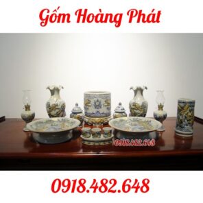 Bộ đồ thờ men rạn đắp nổi rồng cho chung cư DTR001