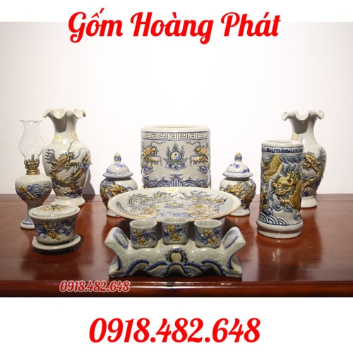 Bộ đồ thờ men rạn đắp nổi rồng cho chung cư DTR004