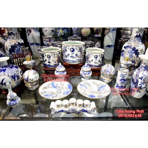 Bộ đồ thờ men lam vẽ vàng kim cao cấp Bát Tràng