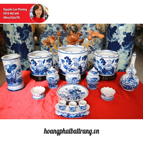 Bộ đồ thờ men lam vẽ hoa sen SP4217
