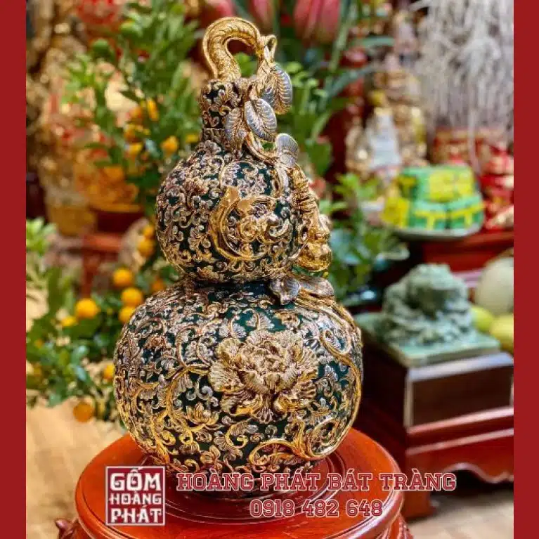 Hồ lô chữ Lộc hoa dây nền xanh lục bảo vàng kim cao cấp