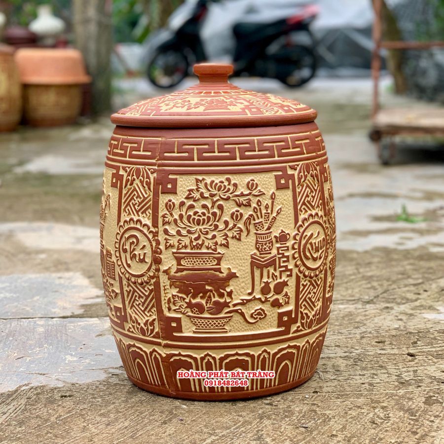 Hũ gạo sành phú quý vàng đỏ