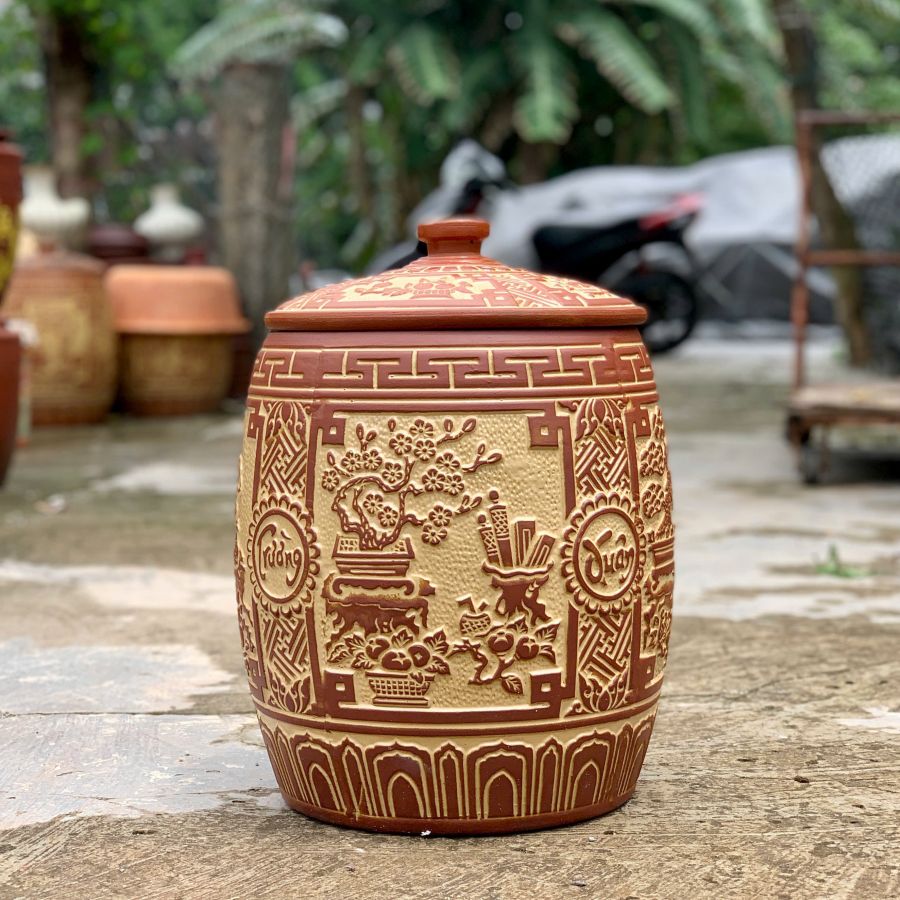 Hũ gạo sành phú quý vàng đỏ
