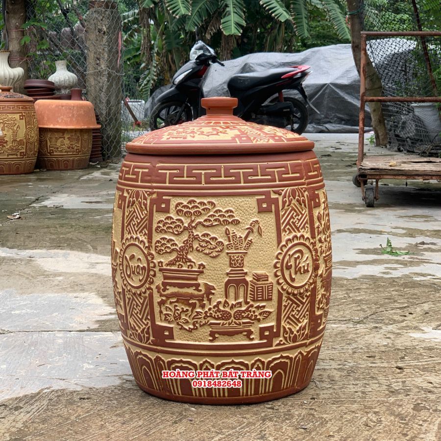 Hũ gạo sành phú quý vàng đỏ