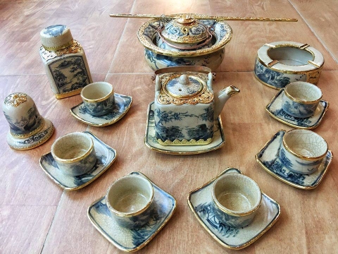 Ấm chén giả cổ bọc đồng men rạn full phụ kiện và điếu thắt