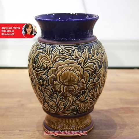 Lọ hoa Bát Tràng men Hoàng Thổ khắc nổi Phù Dung 37cm