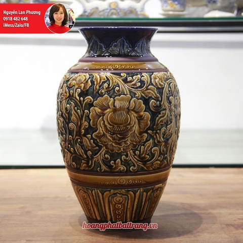 Lọ hoa Bát Tràng men Hoàng Thổ khắc nổi Phù Dung 37cm