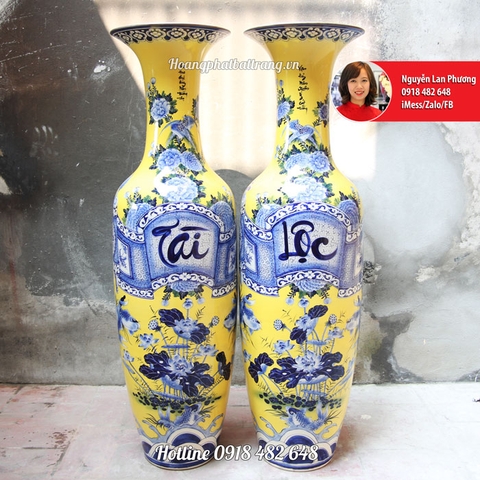 Lục bình sứ Bát Tràng thư pháp Tài Lộc men vàng hoàng gia 1m4 SP4456