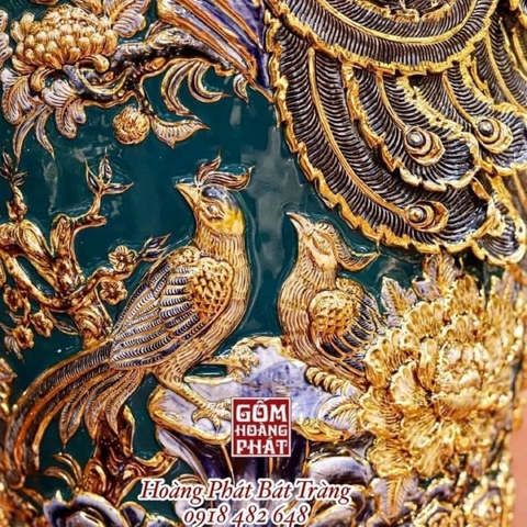 Lục bình sứ công thành danh toại vẽ vàng 24k nền xanh lục cao cấp 1m6 LBVV35