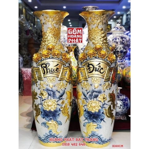 Lục bình dát vàng Phúc Đức men rạn đắp nổi cao cấp Bát Tràng 1m6 LBDV12