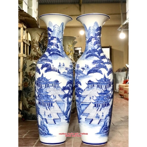 Lục bình sứ Sơn Thủy Hữu Tình men lam 1m4 