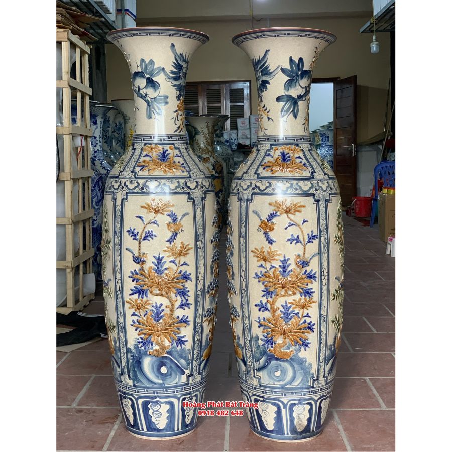 Lục bình sứ tứ quý men rạn đắp nổi cao cấp Bát Tràng