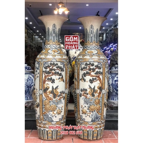 Lục bình sứ tứ quý men rạn đắp nổi kỹ cao cấp