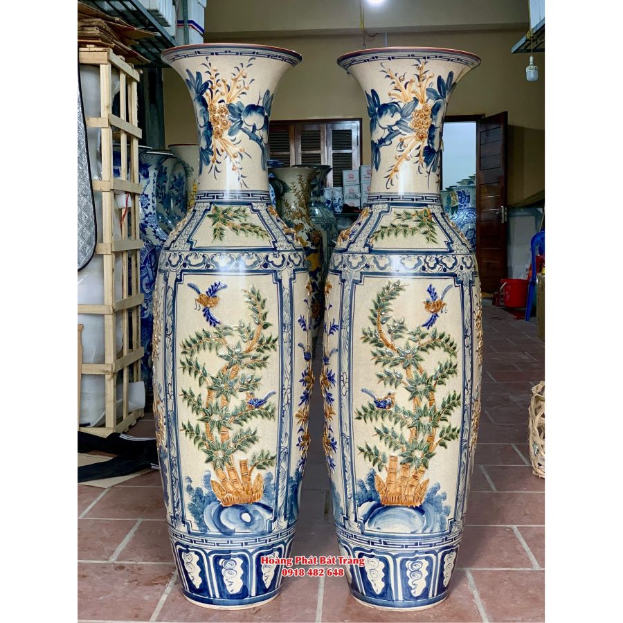 Lục bình sứ tứ quý men rạn đắp nổi cao cấp