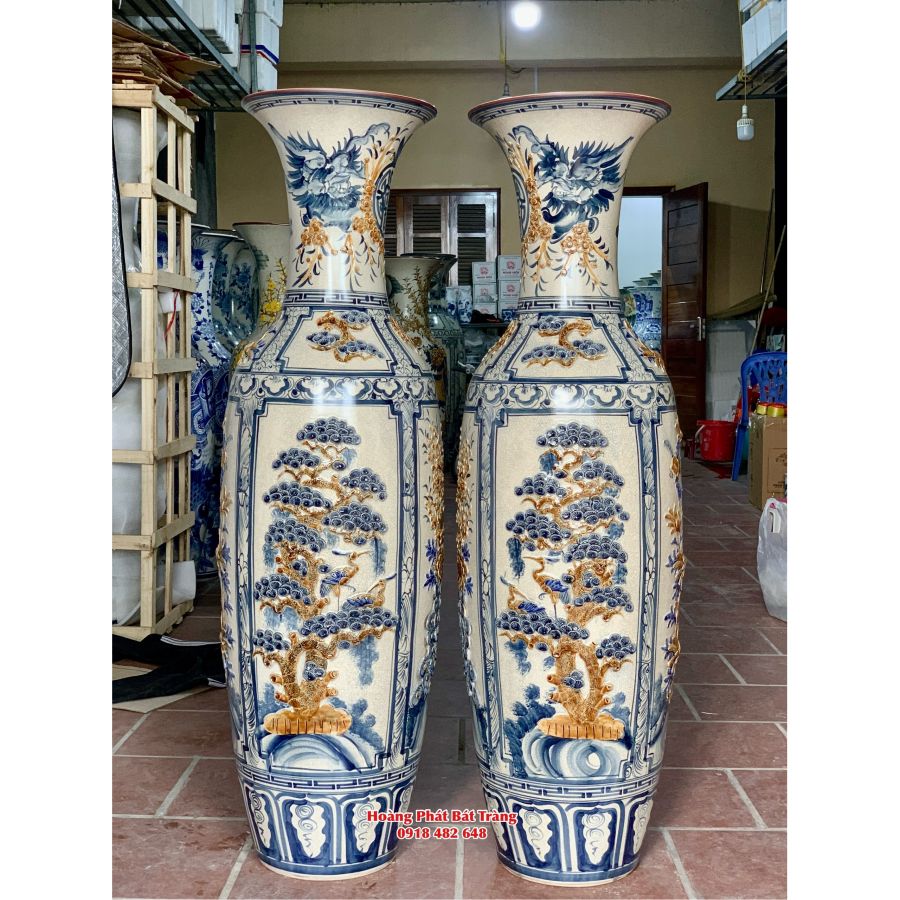 Lục bình sứ tứ quý men rạn đắp nổi