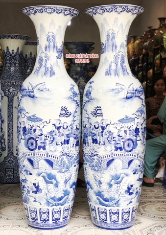 Lục bình sứ Vinh Quy Bái Tổ men lam hàng khử 1m6 1
