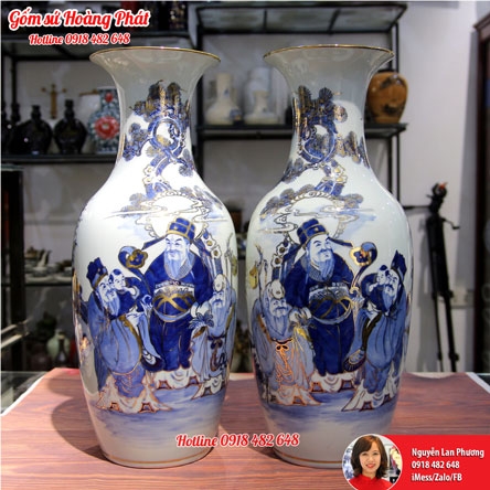 Lục bình vẽ vàng 24k Phúc Lộc Thọ 50cm, gốm sứ vẽ vàng 24k cao cấp