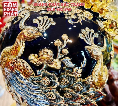 Mai bình tích lộc công danh phú quý vàng kim đắp nổi nền xanh than H50