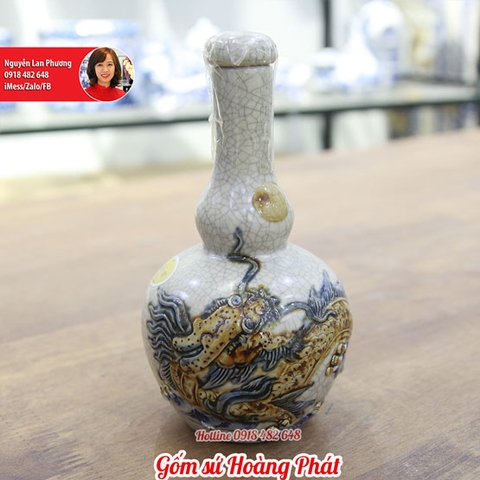 Bộ đồ thờ 13 món - Nậm rượu men rạn đắp nổi rồng gốm Bát Tràng