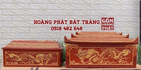 Quách tiểu sành 3 mái chùa rồng đỏ vẽ nhũ vàng QTSA33