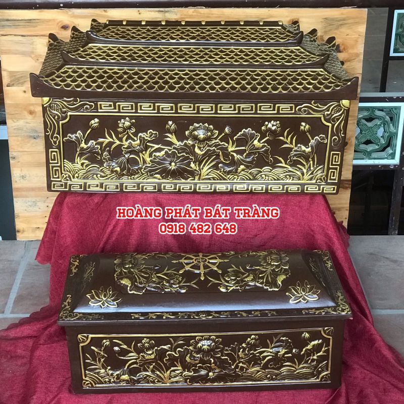 Quách tiểu sành Bát Tràng mái chùa họa tiết hoa sen nhũ vàng nâu đất