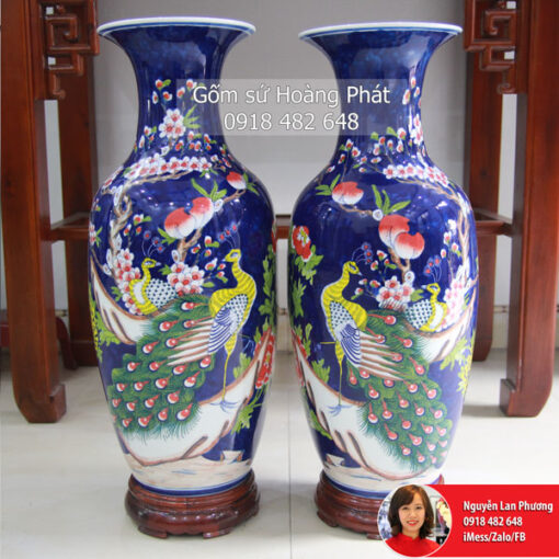 Lộc bình Công đào nền xanh lục TLB14