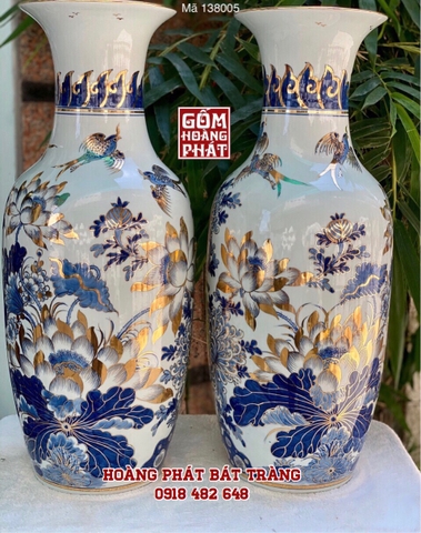 Tiểu lục bình sứ chim hỷ thước và hoa bốn mùa vẽ vàng kim cao cấp H60cm