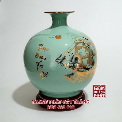 Bình hút tài lộc Thuận buồm xuôi gió men xanh ngọc vàng kim H36cm