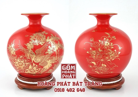 Bình hút tài lộc Tùng Hạc màu đỏ vàng kim cao cấp H26cm