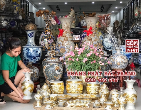 Bộ đồ thờ dát vàng men rạn đắp nổi cao cấp Bát Tràng