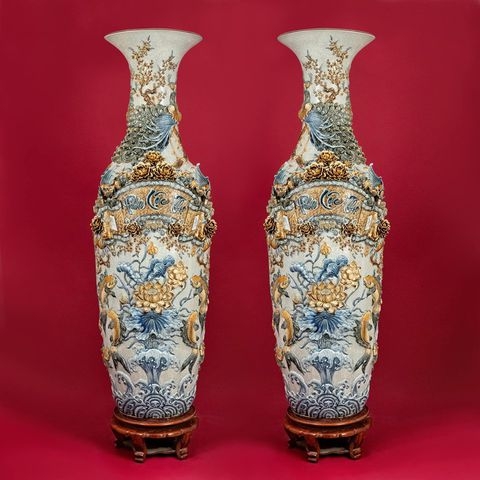 Lục bình sứ Phúc Lộc Thọ đắp nổi kỹ Bát Tràng