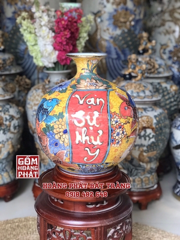 Bình hút tài lộc Vạn sự như ý cá chép hoa dây Bát Tràng 24k