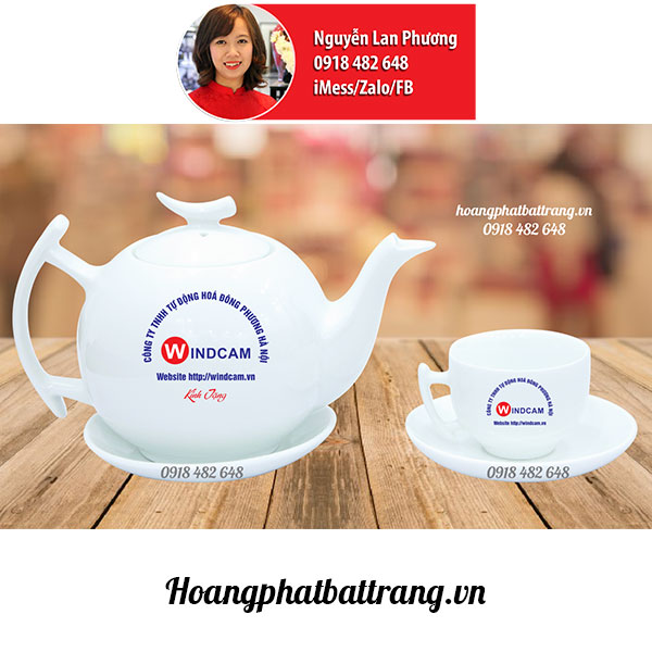 Bộ ấm chén dáng Bưởi cành in logo công ty Windcam