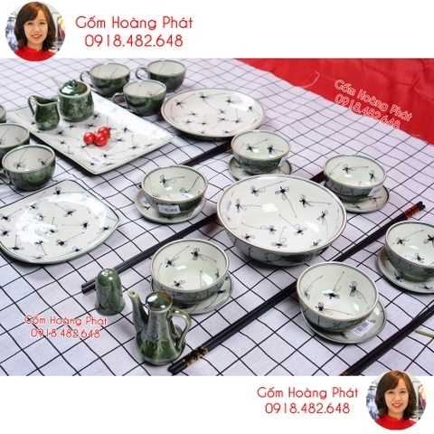 Bộ đồ thờ chuồn chuồn men xanh đồng cao cấp Bát Tràng