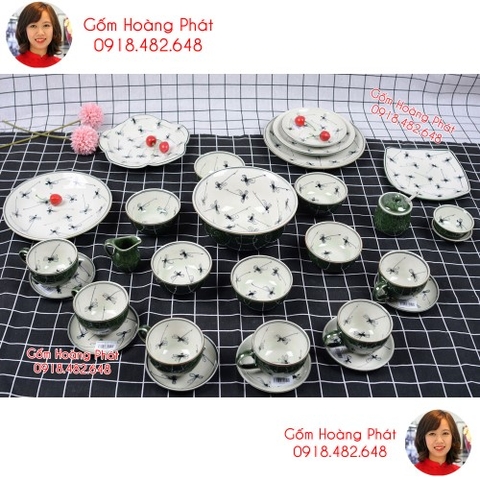 Bát đĩa nhà hàng khách sạn vẽ chuồn men xanh đồng