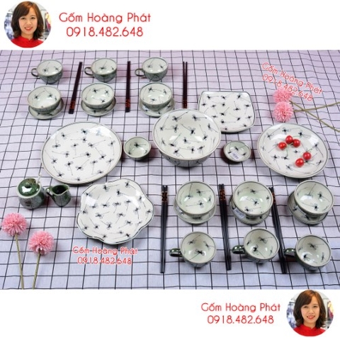 Bộ đồ ăn chuồn xanh đồng cao cấp Bát Tràng