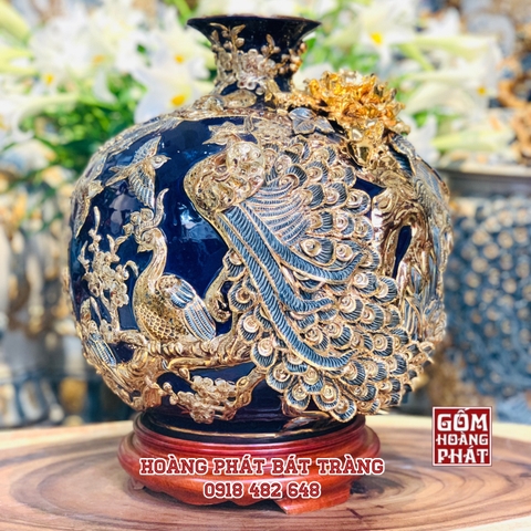 Bình tài lộc công danh phú quý men lam xám đắp nổi vẽ vàng
