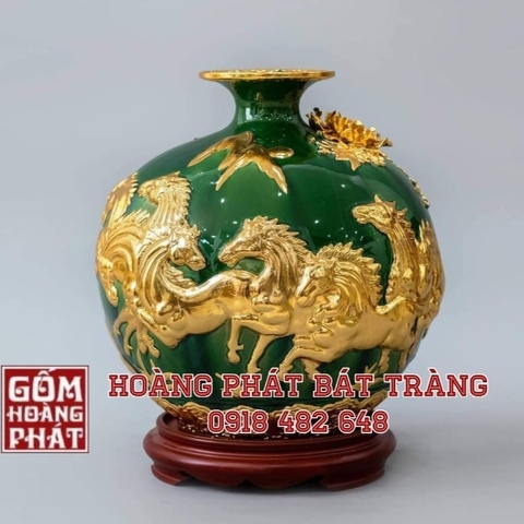 Bình hút tài lộc Bát mã thành công xanh lục bảo gốm sứ Bát Tràng