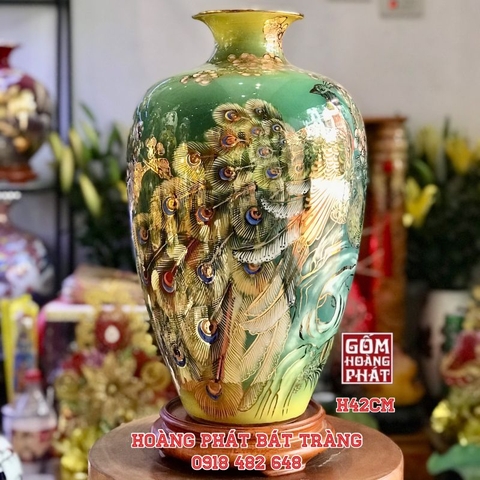 binh phong thuy cong dao phu quy vang kim men xanh 3d h42cm