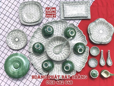 Bộ đồ ăn hoa bèo men xanh đồng Bát Tràng