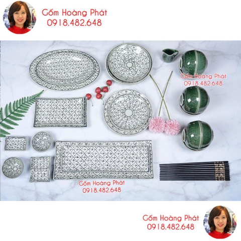 Bộ bát đĩa vẽ bèo đồng xanh cho nhà hàng cao cấp
