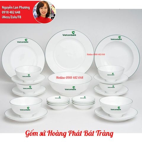 Bộ bát đĩa trắng in ấn logo gốm sứ Bát Tràng