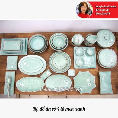 Bộ đồ ăn gốm sứ cỏ bốn lá men xanh Bát Tràng