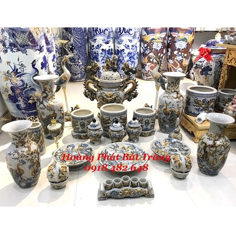 Bộ đồ thờ men rạn đắp nổi Lưỡng Long Chầu Nguyệt  Bát Tràng