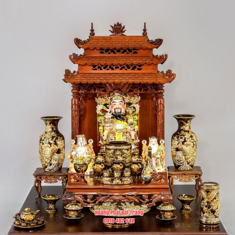 Bộ đồ thờ thần tài màu nâu vàng kim đắp nổi
