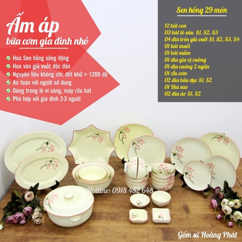 Bộ đồ ăn men kem sen hồng gốm sứ Bát Tràng