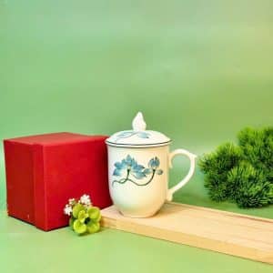 cốc in ấn logo hoa sen xanh men kem